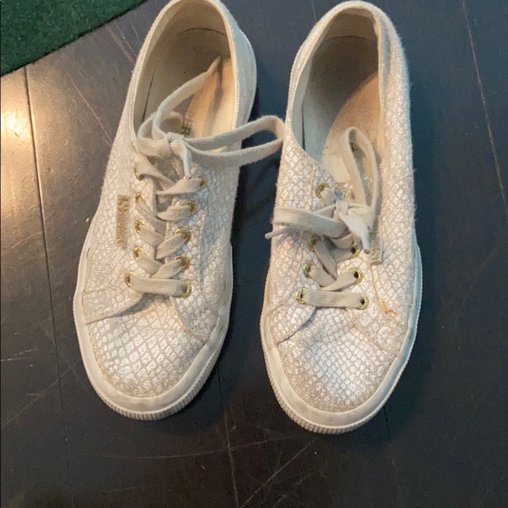 Superga size 6 1/2 white and gold snake print